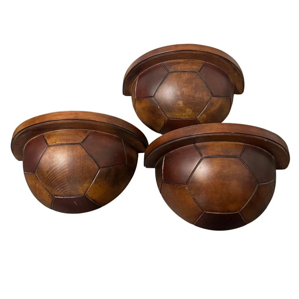 Pottery Barn Set of 3 Wooden Soccer Ball Floating Wall Shelves Brown